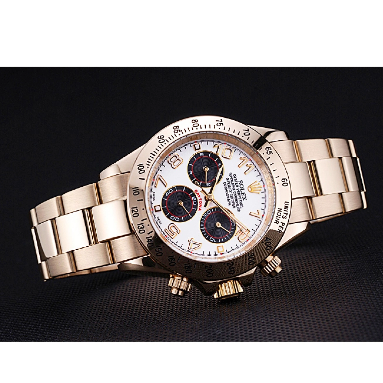 Good copy rolex watches 622548 Daytona Gold Subdials White Rolex with Black Bracelet Cosmograph 0610
